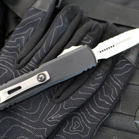 Microtech UTX-85 OTF Knife- GEN IV- Double Edge- Black Handle- Stonewash Full Serrated Blade 12324-12