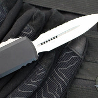 Microtech UTX-85 OTF Knife- GEN IV- Double Edge- Black Handle- Stonewash Full Serrated Blade 12324-12