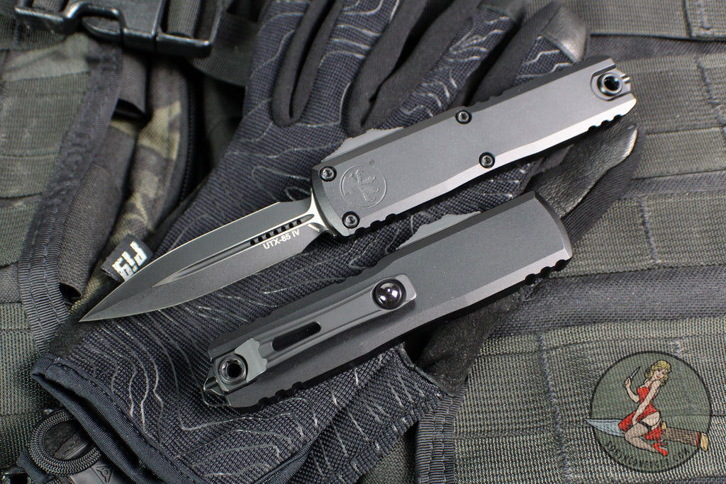 Microtech UTX-85 OTF Knife- GEN IV- Double Edge- Tactical- Black Handle- Black Plain Edge Blade 12324-1 T
