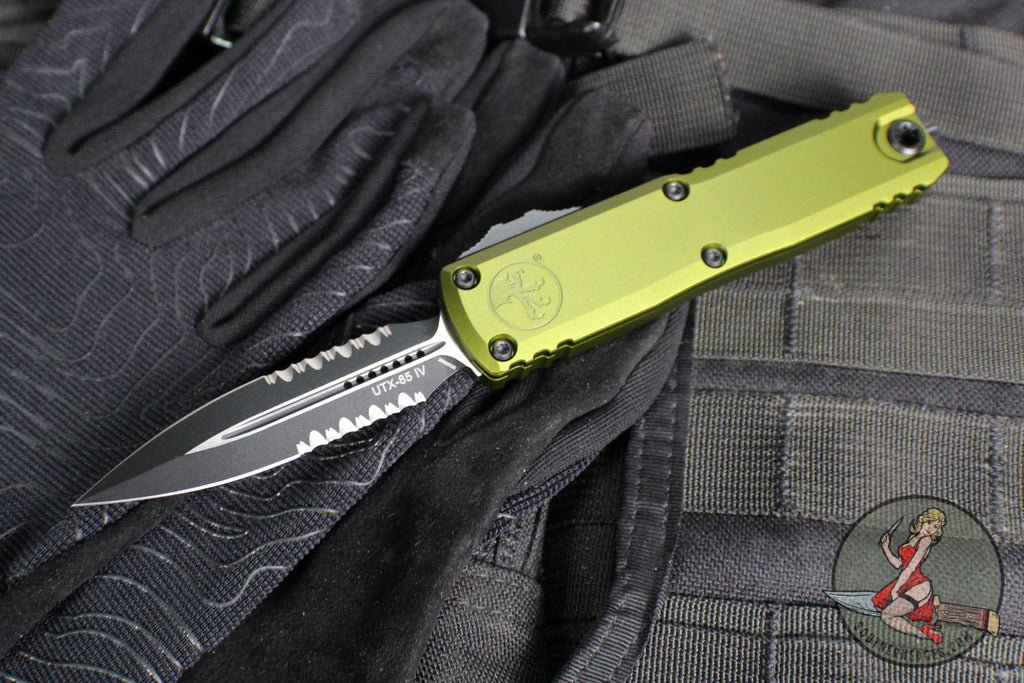 Microtech UTX-85 OTF Knife- GEN IV- Double Edge- OD Green Handle- Black Part Serrated Blade 12324-2 OD