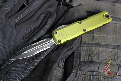Microtech UTX-85 OTF Knife- GEN IV- Double Edge- OD Green Handle- Black Part Serrated Blade 12324-2 OD