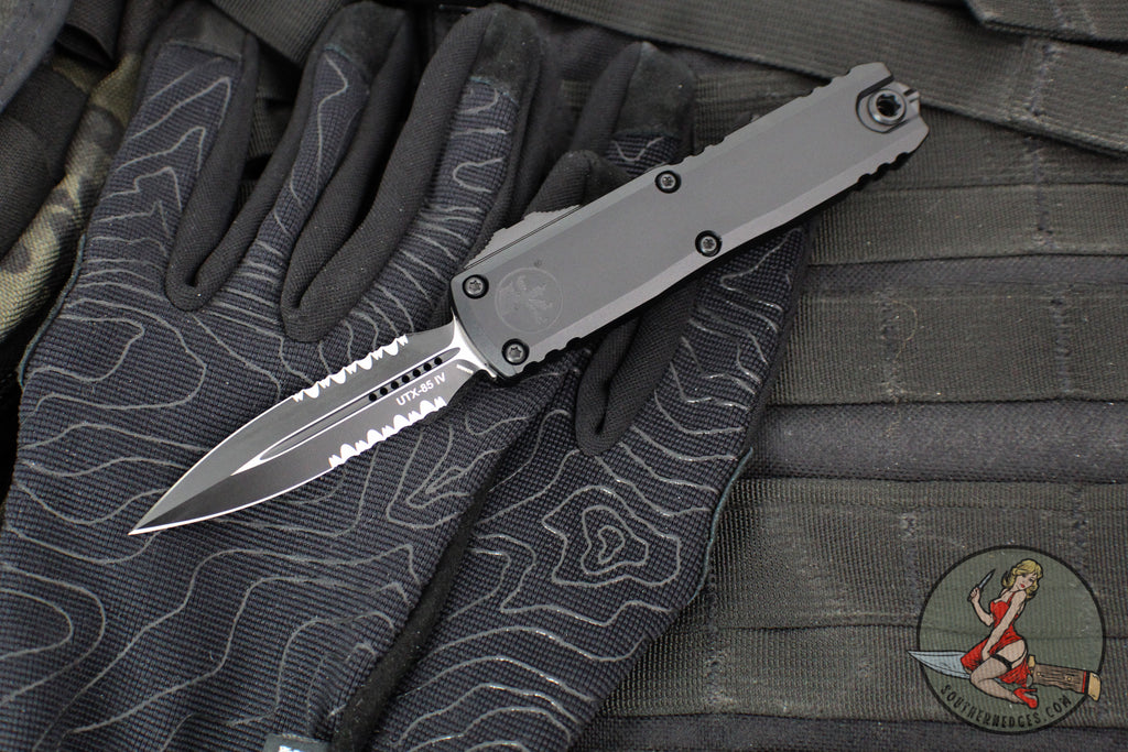 Microtech UTX-85 OTF Knife- GEN IV- Double Edge- Tactical- Black Handle- Black Part Serrated Blade 12324-2 T