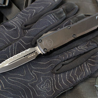Microtech UTX-85 OTF Knife- GEN IV- Double Edge- Tactical- Black Handle- Black Full Serrated Blade 12324-3 T