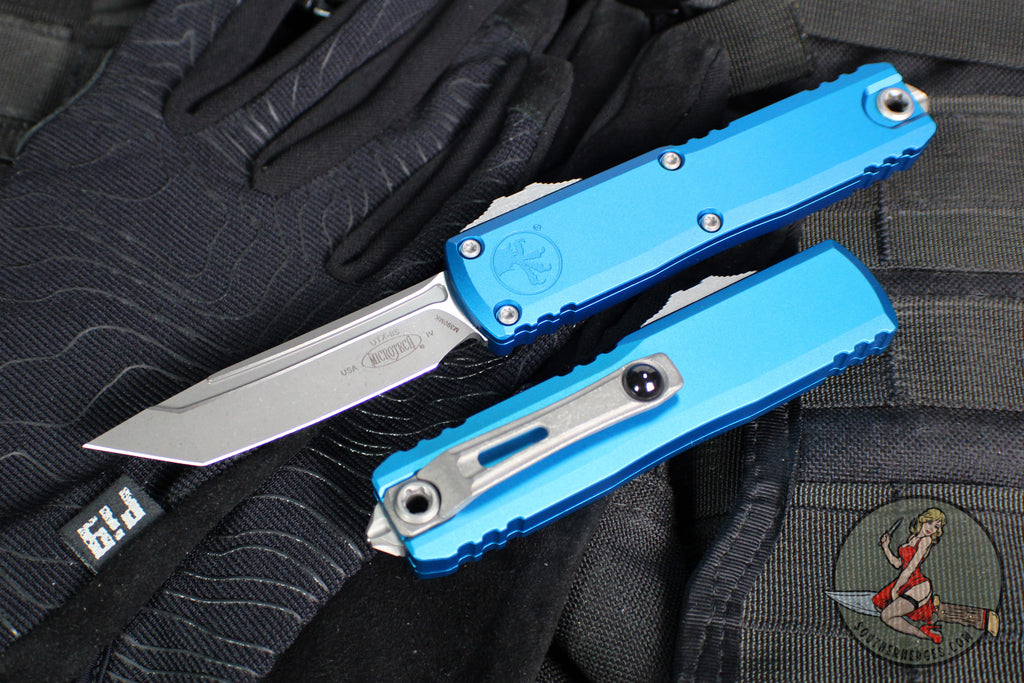 Microtech UTX-85 OTF Knife- GEN IV- Tanto Edge- Blue Handle- Apocalyptic Finished Blade 12334-10 APBL