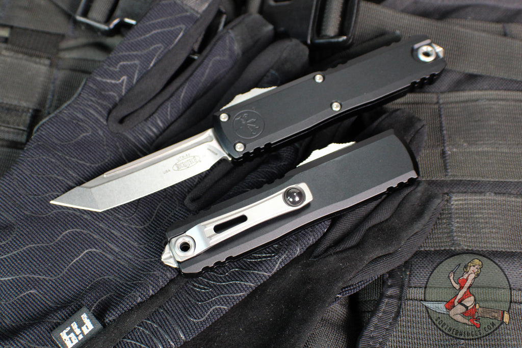 Microtech UTX-85 OTF Knife- GEN IV- Tanto Edge- Black Handle- Stonewash Finished Blade 12334-10