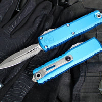 Microtech UTX-85 OTF Knife- GEN IV- Double Edge- Blue Handle- Apocalyptic Part Serrated Blade 12324-11 APBL