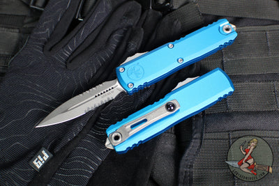 Microtech UTX-85 OTF Knife- GEN IV- Double Edge- Blue Handle- Apocalyptic Part Serrated Blade 12324-11 APBL
