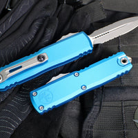 Microtech UTX-85 OTF Knife- GEN IV- Double Edge- Blue Handle- Apocalyptic Part Serrated Blade 12324-11 APBL
