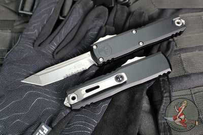 Microtech UTX-85 OTF Knife- GEN IV- Tanto Edge- Black Handle- Stonewash Part Serrated Blade 12334-11