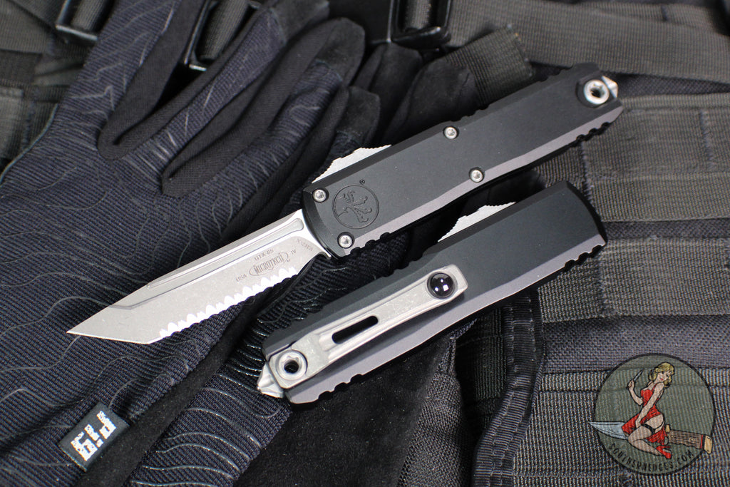 Microtech UTX-85 OTF Knife- GEN IV- Tanto Edge- Black Handle- Apocalyptic Full Serrated Blade 12334-12 AP