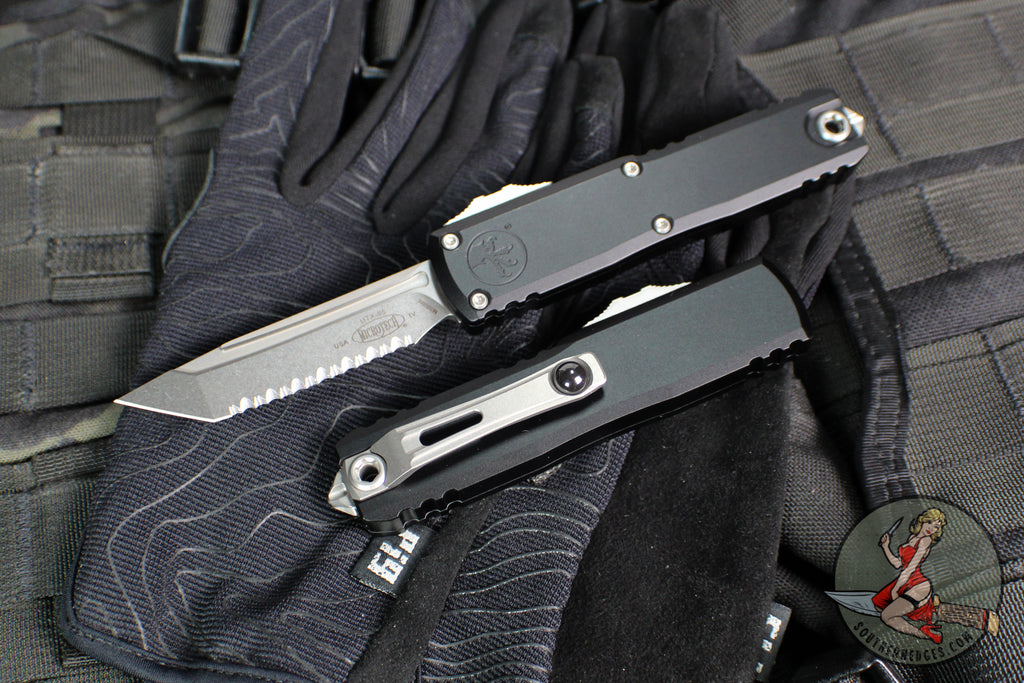 Microtech UTX-85 OTF Knife- GEN IV- Tanto Edge- Black Handle- Stonewash Full Serrated Blade 12334-12