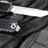 Microtech UTX-85 OTF Knife- GEN IV- Tanto Edge- Black Handle- Stonewash Full Serrated Blade 12334-12