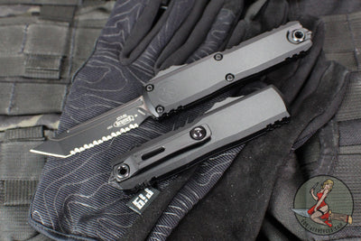 Microtech UTX-85 OTF Knife- GEN IV- Tanto Edge- Tactical- Black Handle- Black Full Serrated Finished Blade 12334-3 T