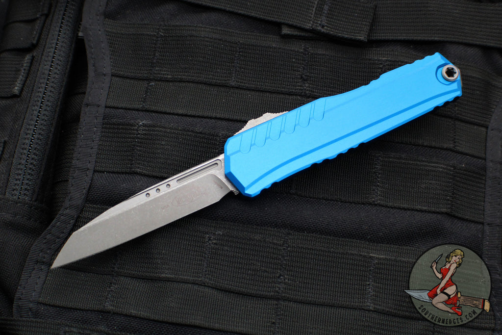 Microtech Cypher II 2024- Single Edge- Blue Handle- Apocalyptic Plain Edge Blade 1241-10 APBL