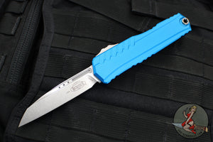 Microtech Cypher II 2024- Single Edge- Blue Handle- Stonewash Plain Edge Blade 1241-10 BL