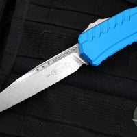 Microtech Cypher II 2024- Single Edge- Blue Handle- Stonewash Plain Edge Blade 1241-10 BL