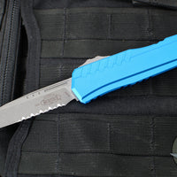 Microtech Cypher II- Single Edge- Blue Finished Handle- Apocalyptic Part Serrated Edge Blade 1241-11 APBL