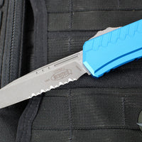 Microtech Cypher II- Single Edge- Blue Finished Handle- Apocalyptic Part Serrated Edge Blade 1241-11 APBL