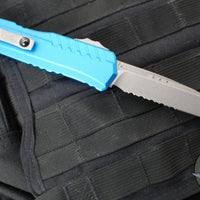 Microtech Cypher II- Single Edge- Blue Finished Handle- Apocalyptic Part Serrated Edge Blade 1241-11 APBL