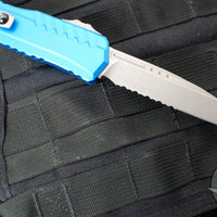 Microtech Cypher II- Single Edge- Blue Finished Handle- Apocalyptic Part Serrated Edge Blade 1241-11 APBL