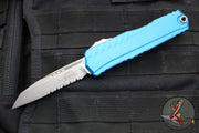 Microtech Cypher II 2024- Single Edge- Blue Handle- Stonewash Part Serrated Edge Blade 1241-11 BL