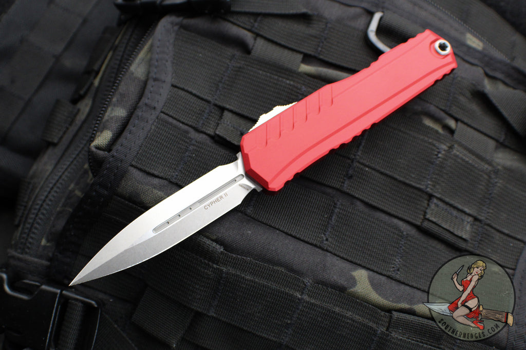 Microtech Cypher II 2024- Double Edge- Red Handle- Stonewash Plain Edge Blade 1242-10 RD