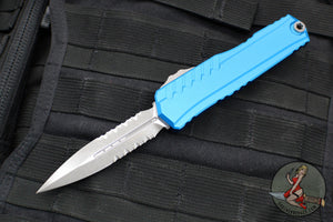 Microtech Cypher II 2024- Double Edge- Blue Finished Handle- Apocalyptic Part Serrated Edge Blade 1242-11 APBL