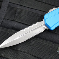 Microtech Cypher II 2024- Double Edge- Blue Finished Handle- Apocalyptic Part Serrated Edge Blade 1242-11 APBL