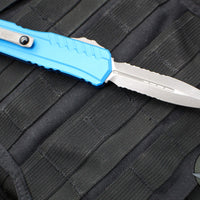 Microtech Cypher II 2024- Double Edge- Blue Finished Handle- Apocalyptic Part Serrated Edge Blade 1242-11 APBL