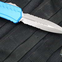 Microtech Cypher II 2024- Double Edge- Blue Finished Handle- Apocalyptic Part Serrated Edge Blade 1242-11 APBL