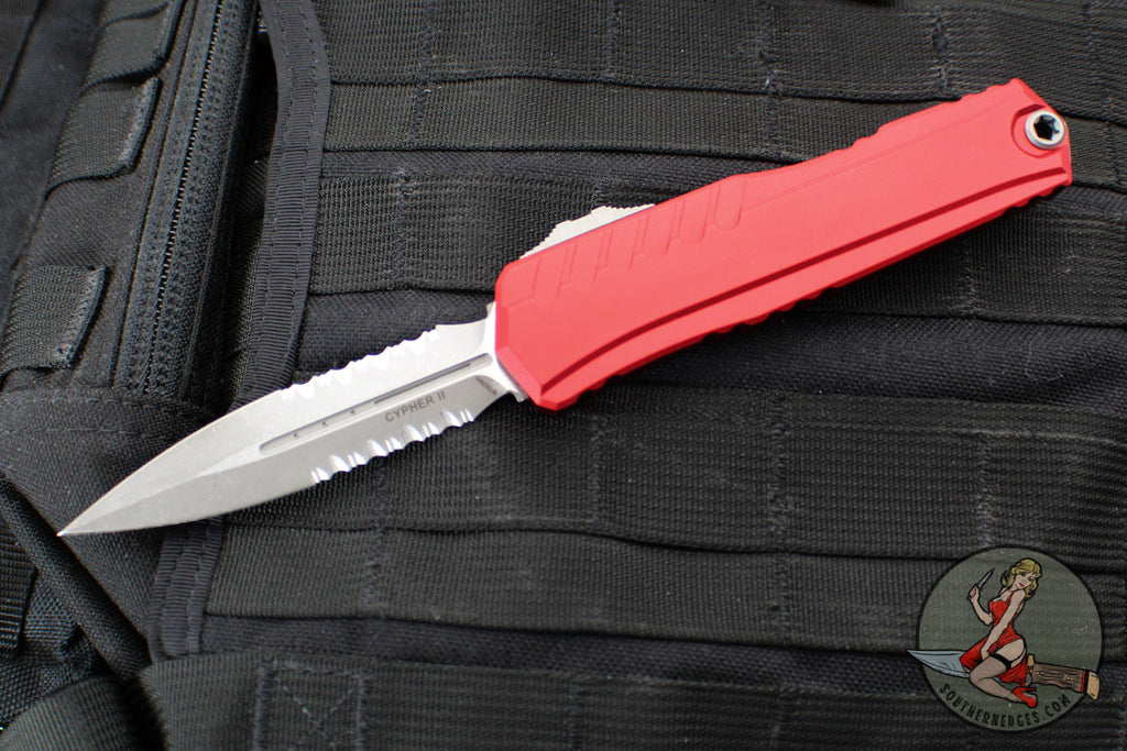 Microtech Cypher II- Double Edge- Red Finished Handle- Apocalyptic Part Serrated Edge Blade 1242-11 APRD