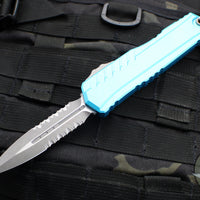 Microtech Cypher II 2024- Double Edge- Turquoise Finished Handle- Apocalyptic Part Serrated Edge Blade 1242-11 APTQ