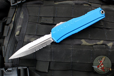 Microtech Cypher II 2025- Double Edge- Blue Handle- Stonewash Part Serrated Edge Blade 1242-11 BL