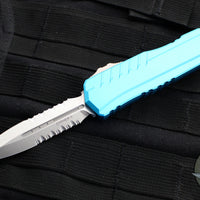 Microtech Cypher II 2024- Double Edge- Turquoise Handle- Stonewash Part Serrated Edge Blade 1242-11 TQ