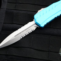 Microtech Cypher II 2024- Double Edge- Turquoise Handle- Stonewash Part Serrated Edge Blade 1242-11 TQ