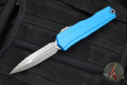 Microtech Cypher II- Double Edge- Blue Handle- Apocalyptic Full Serrated Edge Blade 1242-12 APBL
