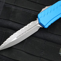 Microtech Cypher II 2024- Double Edge- Blue Handle- Apocalyptic Full Serrated Edge Blade 1242-12 APBL