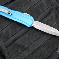 Microtech Cypher II 2024- Double Edge- Blue Handle- Apocalyptic Full Serrated Edge Blade 1242-12 APBL