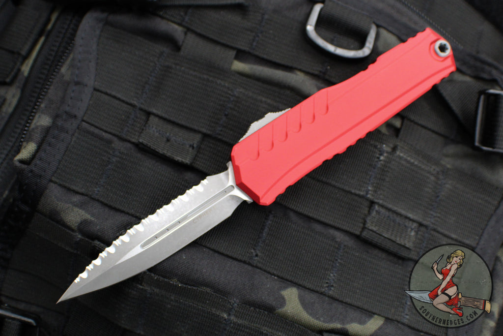 Microtech Cypher II 2024- Double Edge- Red Handle- Apocalyptic Full Serrated Edge Blade 1242-12 APRD