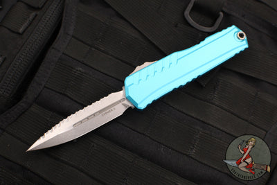 Microtech Cypher II 2024- Double Edge- Turquoise Handle- Stonewash Full Serrated Edge Blade 1242-12 TQ