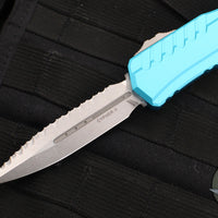 Microtech Cypher II 2024- Double Edge- Turquoise Handle- Stonewash Full Serrated Edge Blade 1242-12 TQ