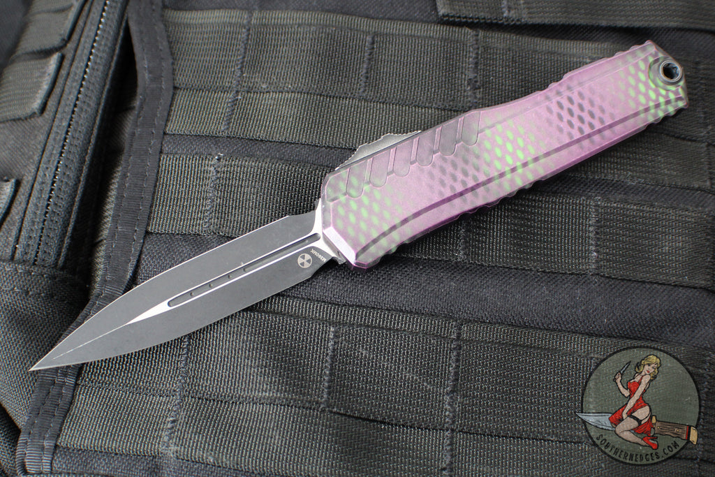 Microtech Cypher II- Double Edge- Purple X-51 Pattern Handle- Distressed Black Plain Edge Blade 1242-1 PUX51S