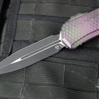 Microtech Cypher II- Double Edge- Purple X-51 Pattern Handle- Distressed Black Plain Edge Blade 1242-1 PUX51S