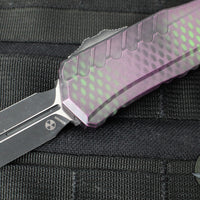 Microtech Cypher II- Double Edge- Purple X-51 Pattern Handle- Distressed Black Plain Edge Blade 1242-1 PUX51S