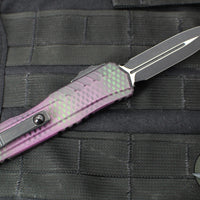 Microtech Cypher II- Double Edge- Purple X-51 Pattern Handle- Distressed Black Plain Edge Blade 1242-1 PUX51S
