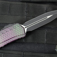 Microtech Cypher II- Double Edge- Purple X-51 Pattern Handle- Distressed Black Plain Edge Blade 1242-1 PUX51S