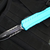 Microtech Cypher II 2024- Double Edge- Turquoise Handle- Black Part Serrated Edge Blade 1242-2 TQ