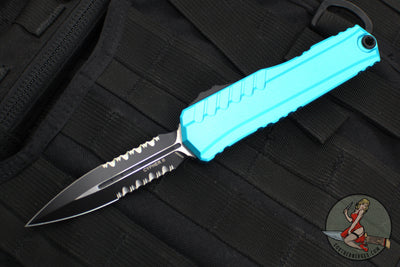 Microtech Cypher II 2024- Double Edge- Turquoise Handle- Black Part Serrated Edge Blade 1242-2 TQ