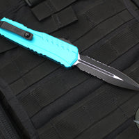 Microtech Cypher II 2024- Double Edge- Turquoise Handle- Black Part Serrated Edge Blade 1242-2 TQ