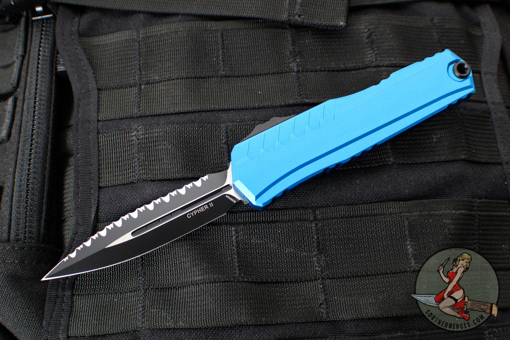 Microtech Cypher II- Double Edge- Blue Handle- Black Full Serrated Edge Blade 1242-3 BL